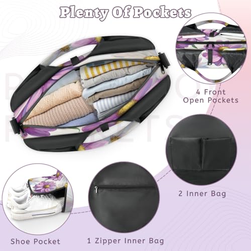 Yoga Bag for Women，Waterproof Polyester Gym Bag Detachable Strap,Shoe Pocket，Double Zipper,White and Purple Flowers Duffel Bags3