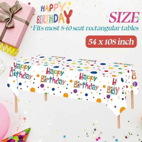Image of 2 Pack Happy Birthday Tablecloth Party Decorations, 54X108inch Disposable Rectangle Colorful Polka Dots Table Cloths Waterproof Plastic Table Cover for Girls Boys Kids Birthday Supplies