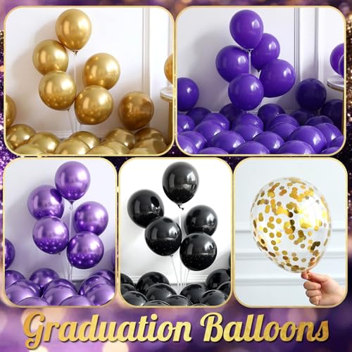 Image of 141Pcs Purple Gold Black Graduation Balloon Garland Arch Kit,with Explosion Star,Diploma,Trophy,Grad Hat,Photo Frame Foil Balloon for Congrats Class of 2026 Graduates Celebration Party Decoration