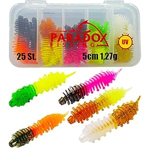 Paradox Fishing Forelaas rubber set met doos (25 stuks) I UV forelaas rubber rubber forel I forel vissen spoon set forel deeg – spoons forel forel