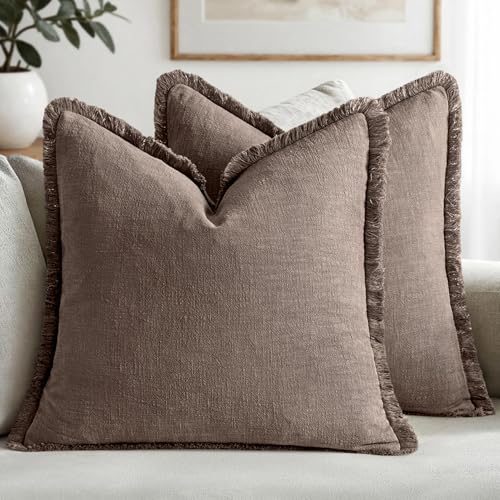 Image of MIULEE Decorative Throw Pillow Covers Neutral Linen Fringe Throw Pillows Set of 2 Malt Ball Boho Farmhouse Cushion Covers with Tassels for Couch Sofa Bed Living Room Fall Decor 20x20 Inch