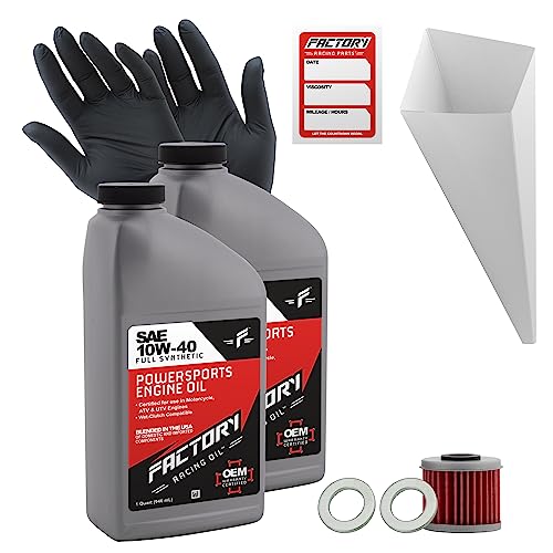 Factory Racing Parts Oil Change Kit compatible with Honda TRX450R, TRX450ER – Includes 2 Quarts of 10W-40 Full Synthetic Oil, 1 Filter, 2 Crush Washers, 1 Funnel, 1 Oil Change Sticker