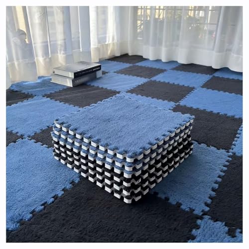 Azulejos De Alfombra De Rompecabezas De Felpa Tapetes De Espuma Suave Entrelazados Esponjosos Gruesos Cuadrados Lavables para Dormitorio Sala De Estar Balcón Tatami(Navy Blue+Black,12 pcs)