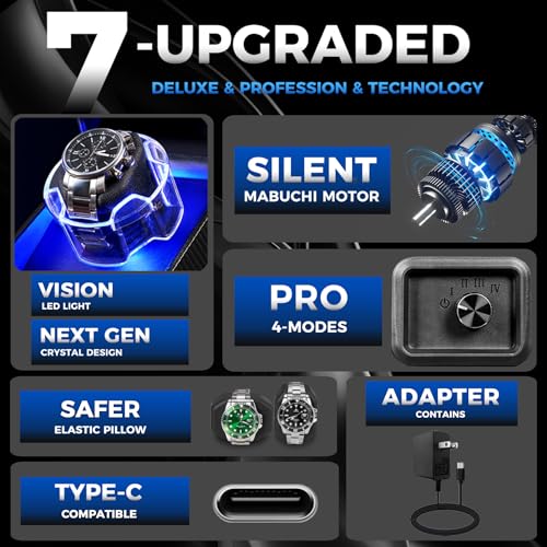 ANWBROAD Watch Winder for Automatic Watches, 4 Modes Automatic Single Watch Winder with Next Gen LED Crystal Design, Rotating Watch Case with Super Quiet Motor, Type-c Adapter or Battery Powered