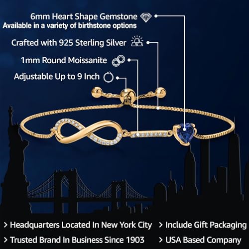 Gem Stone King 18K Yellow Gold Plated Silver Heart Shape 6MM Gemstone Birthstone and White Moissanite Infinity Tennis Bracelet For Women Fully Adjustable Up to 9 Inch2