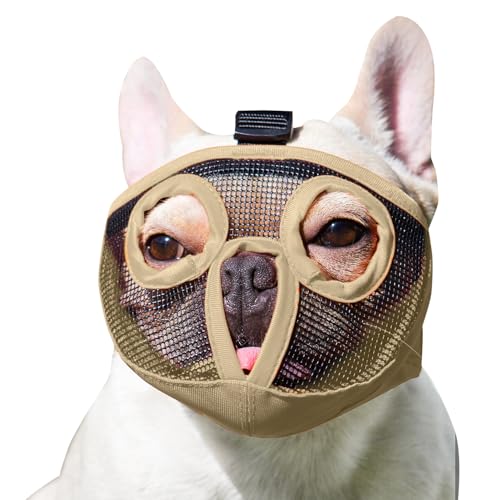 Image of Short Snout Dog Muzzles- Adjustable Breathable Mesh Bulldog Muzzle for Biting Chewing Licking Training Grooming Dog Mask (Khaki, X-Large / 18 inch-25 inch)
