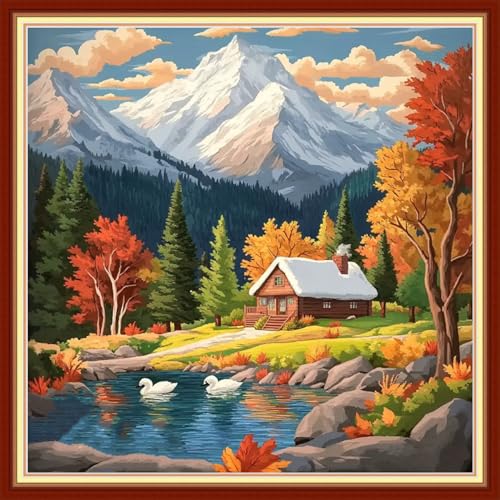 Image of Fanxvivy Stamped Cross Stitch Kits for Beginners Full Range of Cross Stitching Preprinted Embroidery Kits for Adults, 11CT Embroidery Pattern Needlepoint Kits-Swan Lake in Late Autumn 18x18 inch