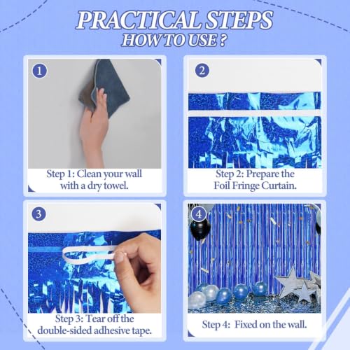 Image of DECOCKRAT 2 Pack Foil Fringe Backdrop - Laser Royal Blue Shiny Tinsel Curtains for Party Decoration /Photo Booth Props - 3.3x6.6 FT Metallic Foil Backdrop for Birthday, Wedding, Graduation, Christmas.