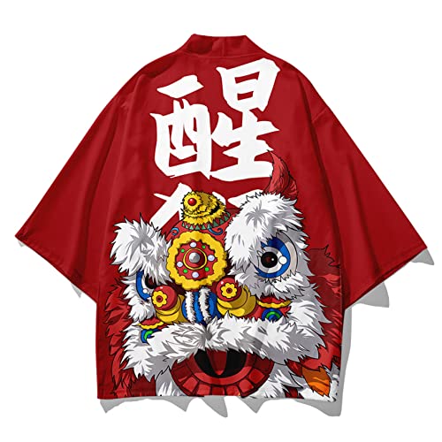 Image of DOSLAVIDA Men's Japanese Kimono Jacket Set Stylish Open Front Coat With Shorts Chinese Style Printed Cardigan Suit