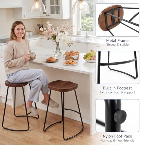 Butacos de Bar Juego de 2, Altura de 24 pulgadas, Asiento Silla de Madera Natural en Acabado Walnut, Base de Metal Negro, Sin Espaldar, Ideal para Isla de Cocina y Comedor miniatura 6