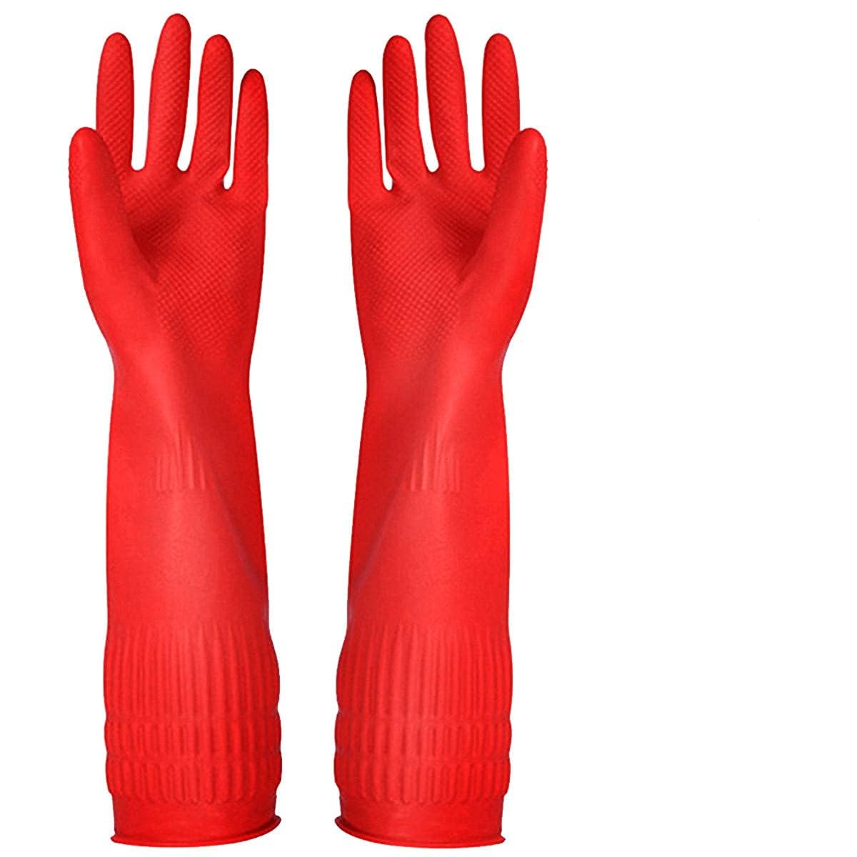 Eopzo Latex Cleaning Gloves for Kitchen & Dishwashing | Waterproof Reusable Red Gloves with Cleaning Cloth | 1 Pair Pack