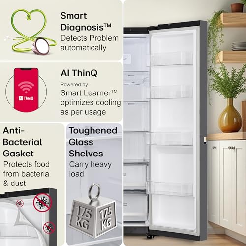 Image of LG 630 L, 3 Star, Frost-Free, Double Door, Door Cooling+, Hygiene Fresh+, Smart Inverter, Wi-Fi Convertible Side By Side Refrigerator with AI ThinQ (GL-L257CMC3, Matt Black, Ice & Water Dispenser)