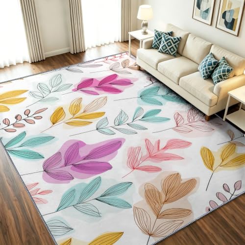 Alfombra para oficina en casa con diseño botánico y follaje abstracto de colores suave 2