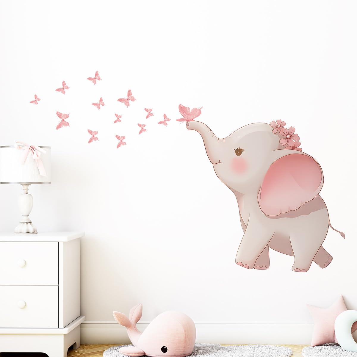 FUFUQUARE Pink Baby Elephant Blowing Butterflies Wall Stickers Cartoon Peel and Stick Wall Art Decals for Kids Girls Bedroom Playroom Living Room - Image 4