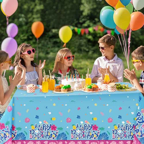 Image of Oudain 5 Pcs Cartoon Birthday Party Disposable Tablecloth Decoration Hawaiian Hibiscus Tropical Leaves Pattern Table Cloths 108'' x 54'' Luau Plastic Waterproof Rectangular Covers for Party (Blue)