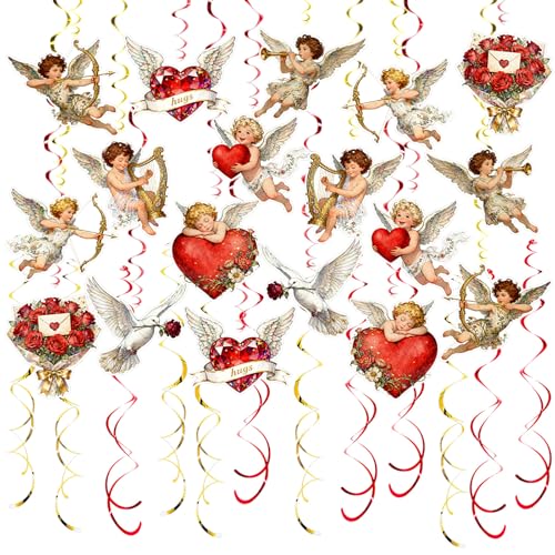 Image of Valentine's Cupid Party Streamers, 48 PCS Romantic Hanging Swirl Decorations - Angel, Heart & Rose Motifs for Valentine's Day, Weddings & Anniversary Parties