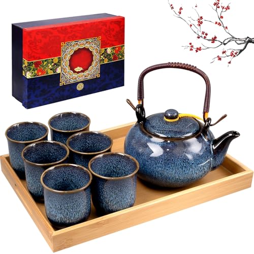 Juego de té de porcelana japonesa, tetera de cerámica azul de 650 ml con 6 tazas de té, caja de regalo, tetera china de esmalte alterado al horno para adultos, amantes del té, hombres y mujeres