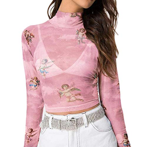 Women Angel See-Through Sheer Mesh Fishnet T-Shirt Crop Top Female Summer Sexy Outfits Clothes (Pink, L)