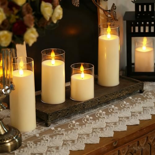 Image of Homemory Ivory Flickering Flameless Candles, Battery Operated Acrylic LED Pillar Candles with Remote Control and Timer, Set of 9