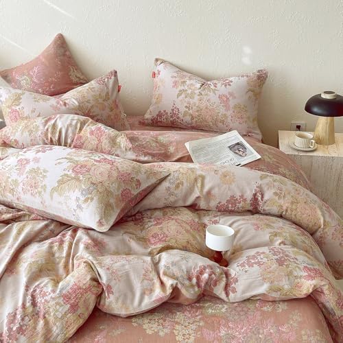 Image of VM VOUGEMARKET Pastoral Double Layer Gauze Cotton Duvet Cover Set - Peach Blush Floral Jacquard,Cozy Reversible Vintage Bedding Set King Size