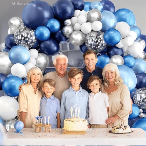 Image of Blocesa Navy Blue White Silver Balloons Arch Kit, Latex, Party Decor.