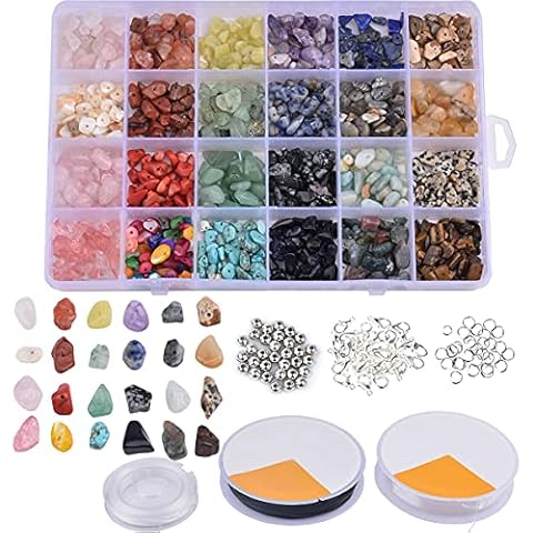 24 Colors 1320 Pcs Natural Irregular Stone Chips Gemstone Beads Kit with Jump Rings Lobster Clasps Elastic String for DIY Making Necklace Bracelet Earring Jewelry Crafts Cover