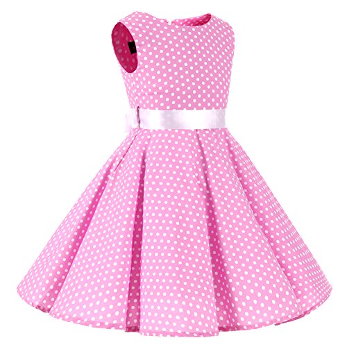 Floral Printed Princess Pageant Party Girls Pink 50S Vintage Polka Dot Dress Summer Swing Casual Clothes 9-10 Years(Chd3014-L) #TOP3