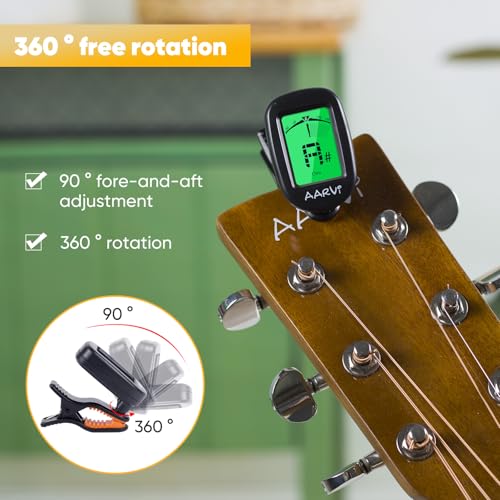 aarvi clip on guitar tuner for all instruments acousticelectric guitar ukulele bass violin banjo large clear lcd display for guitar tuning chromatic tuner 4 pack guitar picks included