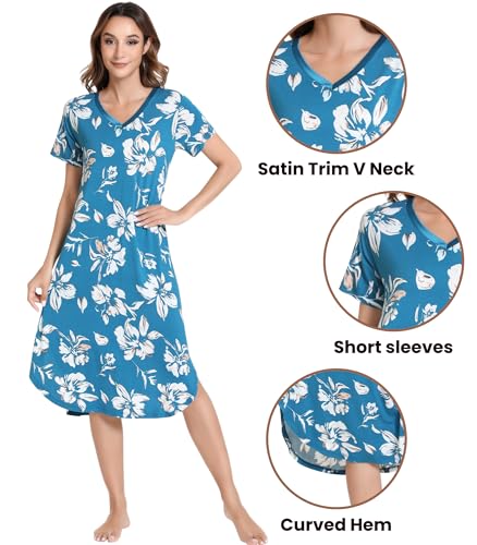 Image of NACHILA Nightgowns for Women-Viscose Made from Bamboo, V Neck Sleepshirts Short Sleeve Sleepwear Cool Nightshirt
