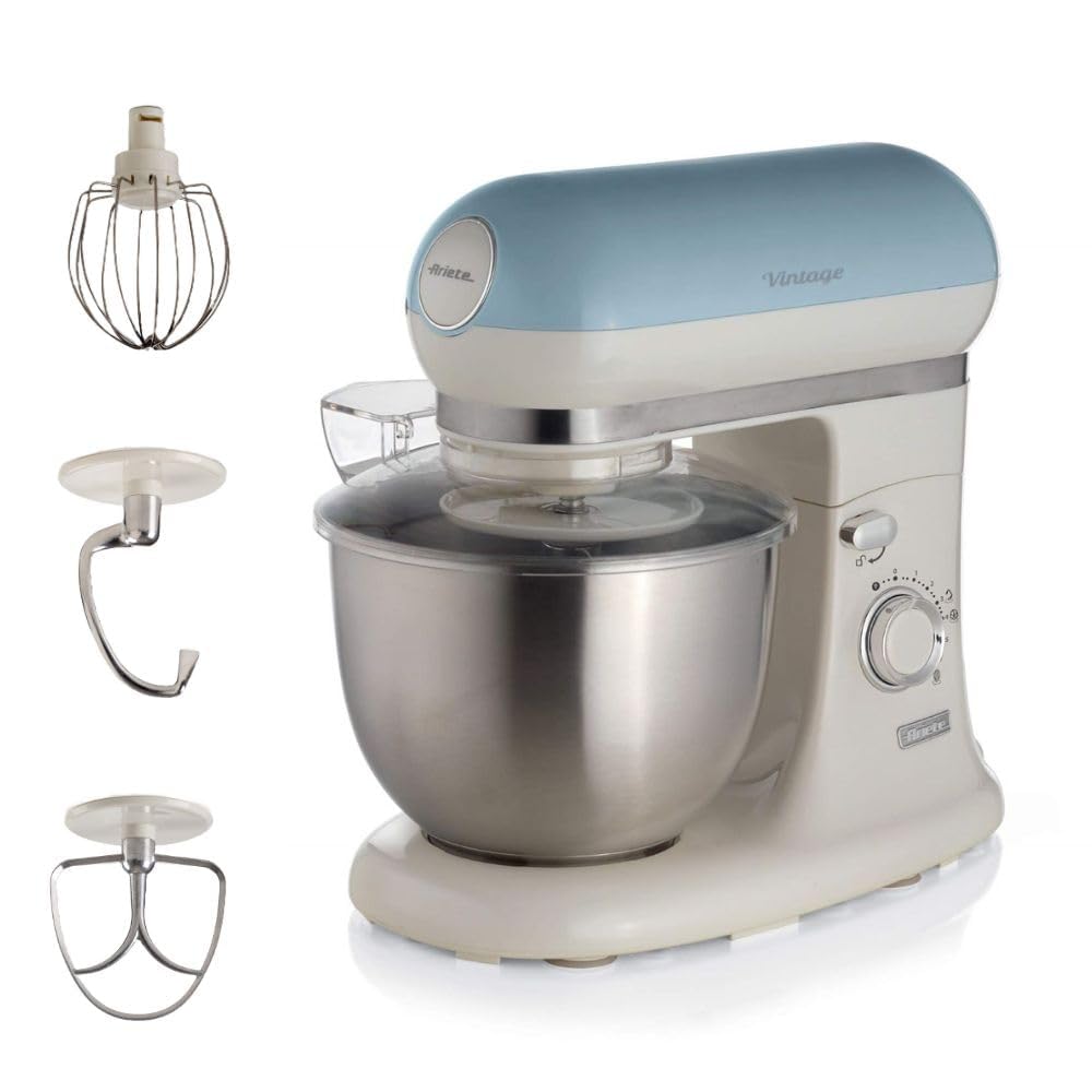 Ariete Vintage 1588 Knetmaschine, Retro Planeten-Rührwerk für Brot-, Pizza-, Kuchen- & Gebäck-Teig, Knethaken, Schneebesen, 5,5 L Fassungsvermögen, 7 Geschwindigkeiten + Pulse-Funktion, 1200W, Blau