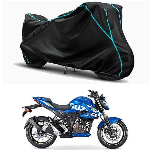 Image of Waterproof Bike Body Cover Compatible for | Suzuki Gixxer 250 | Taffeta Fabric, Sky Piping Design, Bottom Elastic Fit | Dustproof, Sun UV & Rain Protection for All Weather.