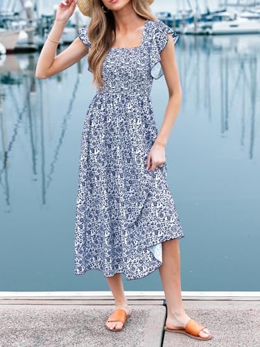 Image of CUPSHE Women's Summer Dress Square Neck Striped Smocked Dress Ruffled Cap Sleeves Dress A Line Maxi Formal Dress