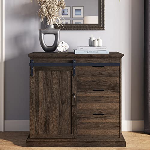 BELLEZE-Sideboard-Buffet-Cabinet-with-Storage-Console-Table-Coffee-Bar-Storage-Cabinet-with-1-Sliding-Barn-Door-and-3-Drawers-for-Living-Room-Kitchen-Dinning-Room-Dark-Walnut-315-L-x157-Wx318-H BELLEZE Sideboard Buffet Cabinet with Storage Console Table Coffee Bar Storage Cabinet with 1 Sliding Barn Door and 3 Drawers for Living Room Kitchen Dinning Room Dark Walnut 315 L x157 Wx318 H