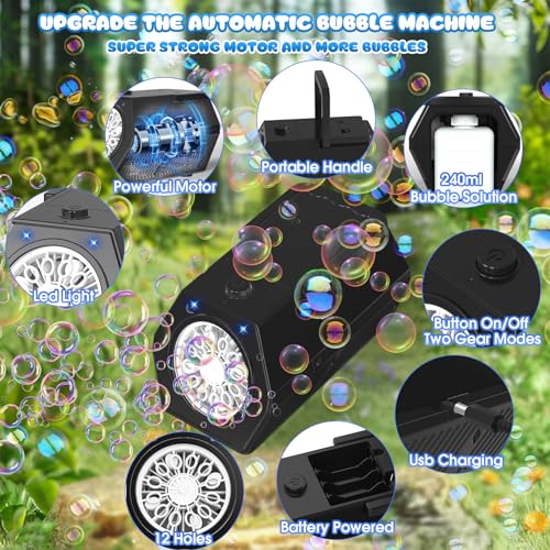 PANACARE Automatic Bubble Machine Portable Bubble Blower with LED Lights /240ml Bubble Solution/10000+ Bubbles Per Minute/12Holes Bubble for Outdoor/Indoor Wedding Party Birthday Gifts - Image 4