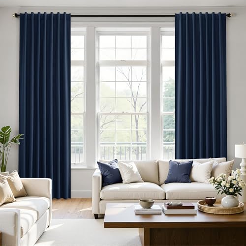 Image of Nanspring Navy Blue 100% Blackout Linen Curtains 84 Inch Length 2 Panels Set for Bedroom Back Tab Modern Luxury Nautical Decor Black Out Curtain for Living Room Office Thermal Insulated Drapes 52x84