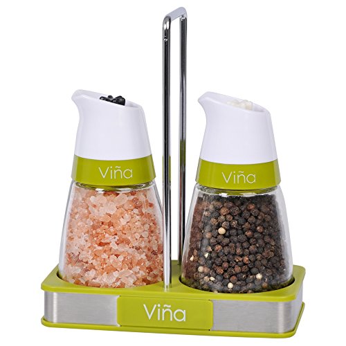 Vina Salt and Pepper Grinder Set with Matching Stand, Manual Salt and Pepper Shaker Mill, Adjustable Ceramic Grinding Mechanism - Free Garlic Roller As a Gift