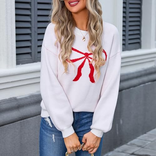 Image of Women Y2K Fall Sweater Cute Bow Print Long Sleeve Cable Knit Pullover Casual Oversized Jumpers for Women