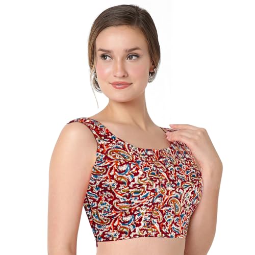 Chandrakala Cotton Printed Blouses for Women sarees, Sleeveless Ajrakh Print Crop top Choli (B224-P)2