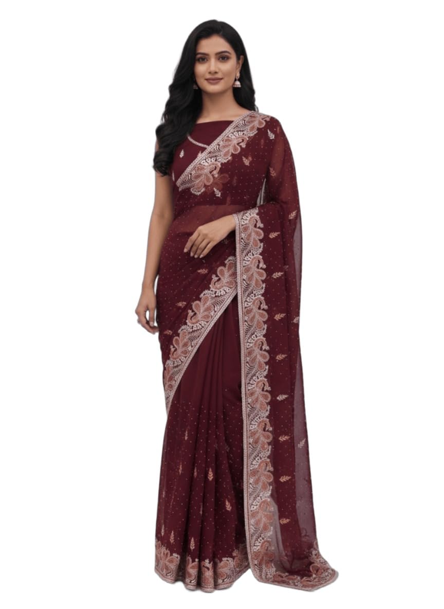 Women’s Georgette Embroidered Saree with Blouse Piece-picture-18