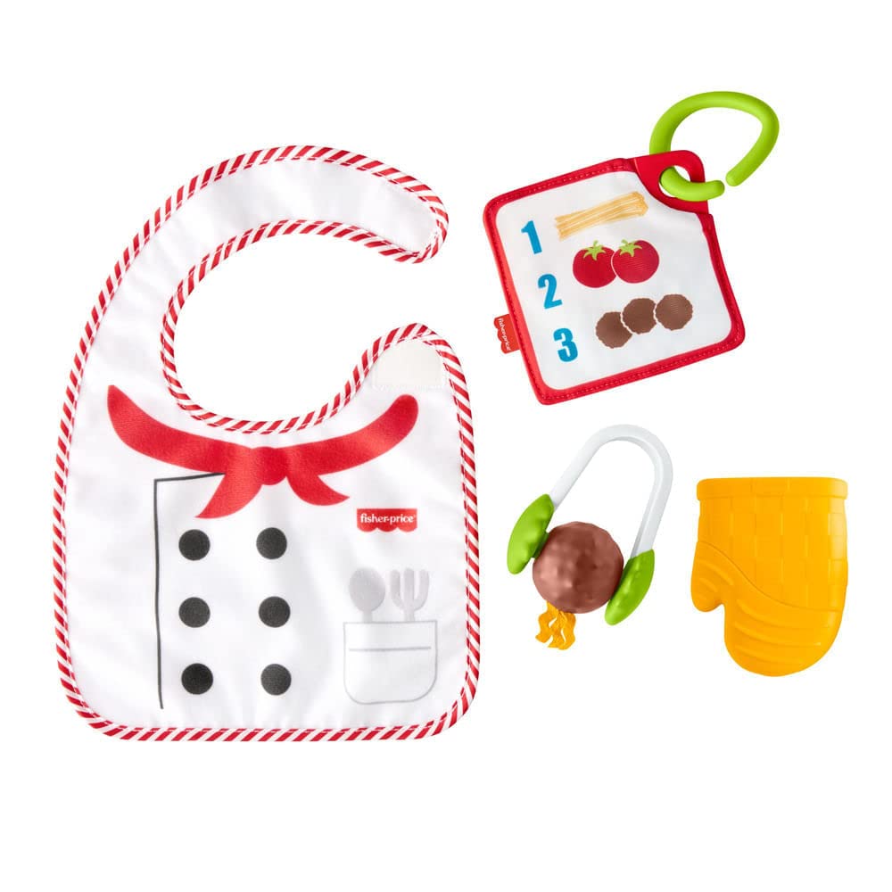 Fisher-Price Cutest Chef Gift Set, 4 cooking-themed baby toys with wearable bib and teether for babies ages 3 months and older