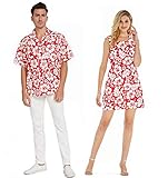 Matchable Couple Hawaiian Luau Shirts, Classic Vintage Hibiscus Red, Men, Large