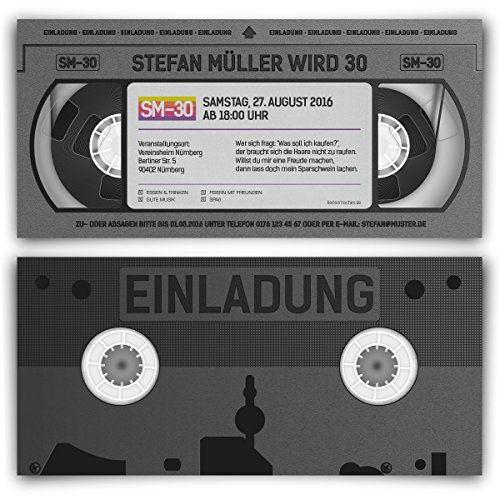 Einladungen im Videokassette VHS Motiv (10 Stück) - Vintage Geburtstag Einladungskarten Einladungen im Videokassette VHS Motiv (10 Stück) - Vintage Geburtstag Einladungskarten
