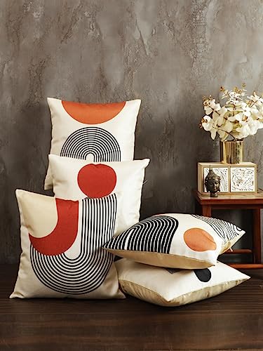 Image of ROMEE Designer Geometric Printed Cushion Covers 16 inch x 16 inch Set of 5 | Decorative Square Jute Throw Pillow /Cushion Cover for Living Room, Sofa, Couch, Bedroom (Beige)