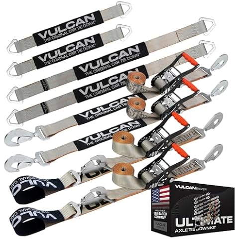 VULCAN Ultimate Axle Tie Down Kit - Silver Series - Includes (2) 22 Inch Axle Straps, (2) 36 Inch Axle Straps, (2) 96 Inch Snap Hook Ratchet Straps, and (2) 112 Inch Axle Tie Down Combination Straps Cover