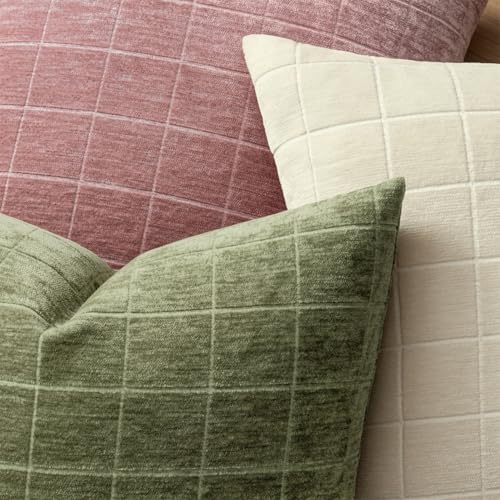 Image of MIULEE Sage Green Plaid Decorative Throw Pillow Covers 20x20 Set of 2 | Vintage Check Chenille Couch Pillows Neutral Boho Farmhouse Cushion Covers Modern Home Decor for Sofa Bed Living Room