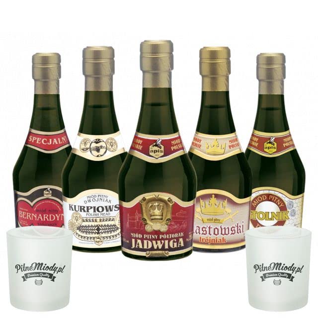 Set mit 5 Mets (Honigwein Półtorak-Eineinhalber/ 2x Dwójniak-Halber / 3x Trójniak-Drittel) mit 2 Bechern | 1250ml | 13-16% Alkohol Metwein | Polnische Produktion