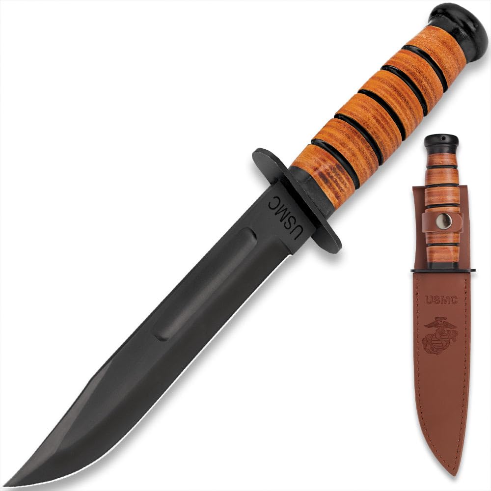 UNITED CUTLERY USMC Combat Fighter Knife with Leather Sheath | 7" Stainless Steel Blade | Blood Groove and Clip Point | Embossed Leather Sheath | Stacked Leather Handle | Your Camping and Survival Fixed Blade | 12 1/2" Overall