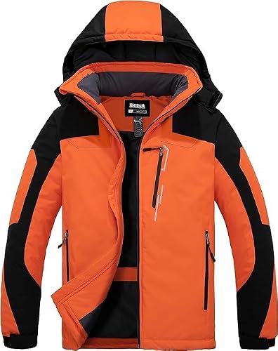 Skieer Chaqueta de Esquí Impermeable Montaña Abrigo Snowboard para Exteriores Chaqueta Aislada con Vellón Cálida Invierno Parka de Nieve con Capucha Hombre Naranja Small