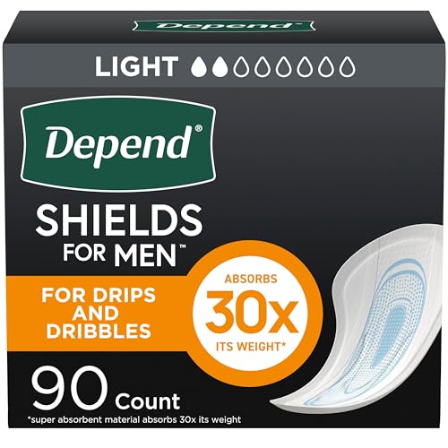Depend Shields - Almohadillas para incontinencia para hombres, absorción ligera, 90 unidades (el embalaje puede variar)