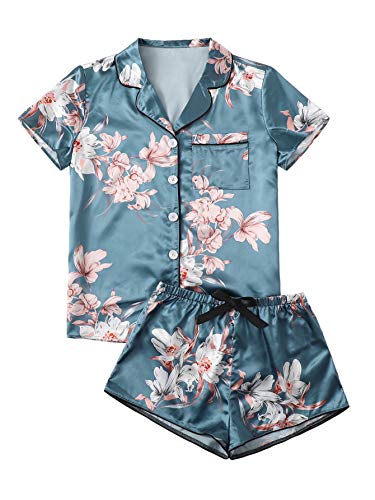Image of WDIRARA Women's Sleepwear Satin Short Sleeve Shirt and Shorts Pajama Set Floral Blue XS